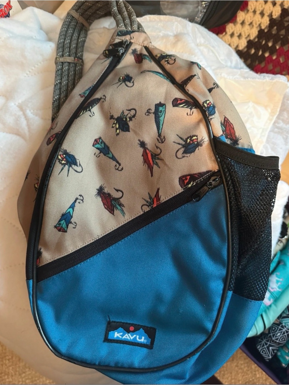 Kavu Teal and Tan Sling Bag with Fishing Lure Print